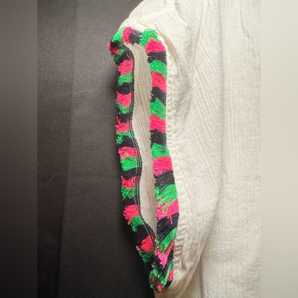 J. Crew MEDIUM Tunic Cover Up White Crepe Colorful Front V Neck Tassels Beach - Picture 5 of 9